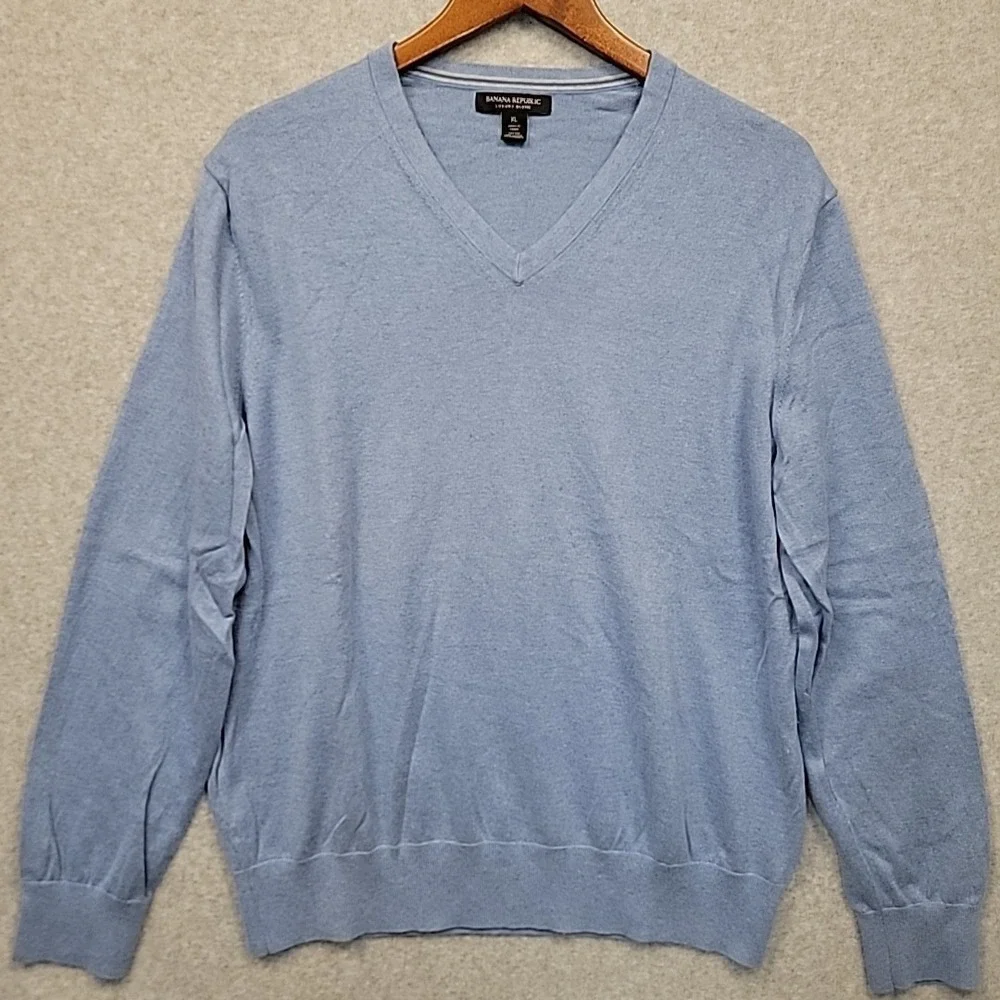 BANANA REPUBLIC Lt Blue Silk Cotton Cashmere Sweater V-Neck Luxury Blend Mens XL